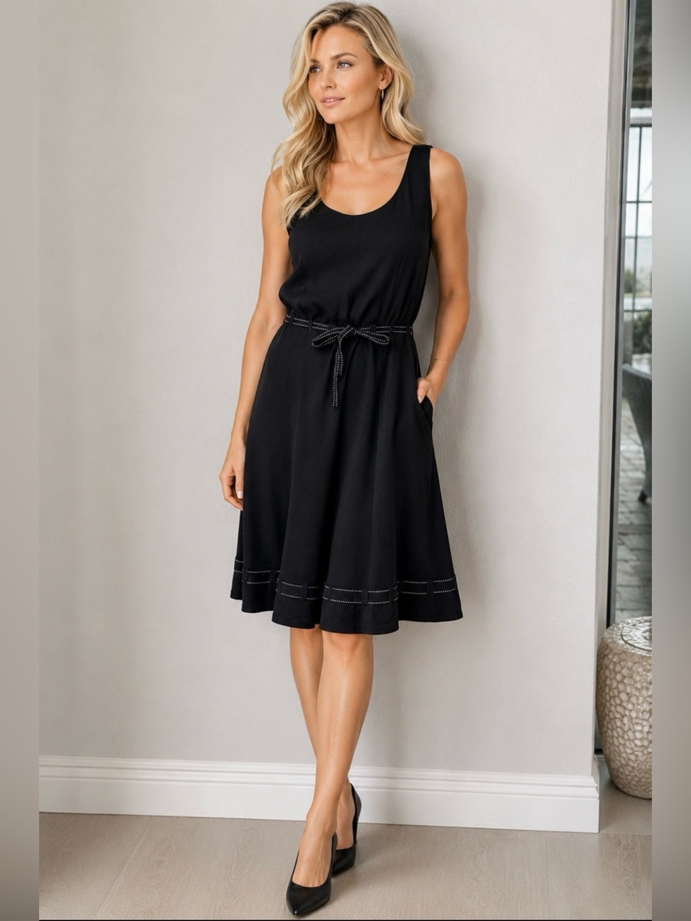 Ann Taylor Petites 100% Silk Black A-Line Dress Belted Sleeveless Lined Size 12P